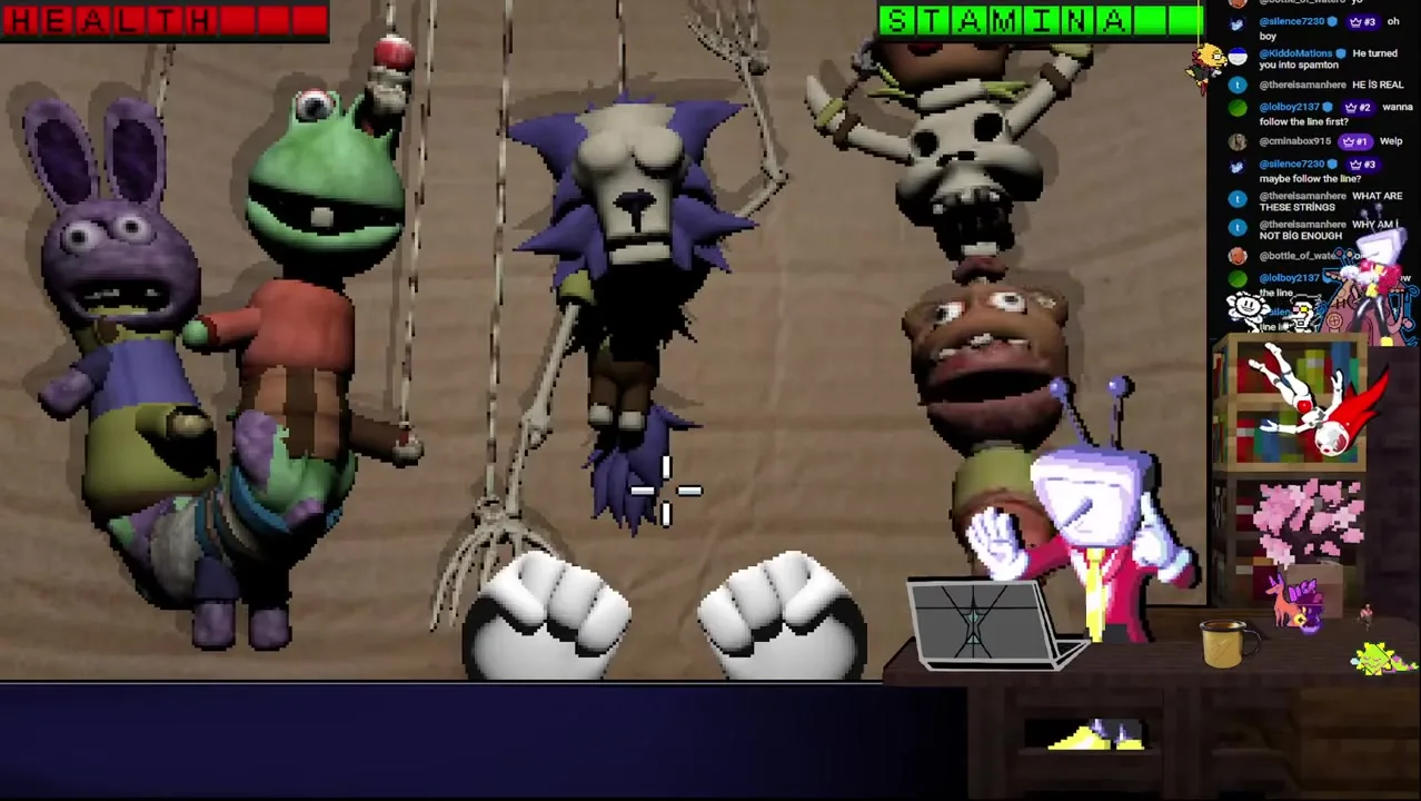 Endacopia Chameleon string-puppet boss room — green entity fight